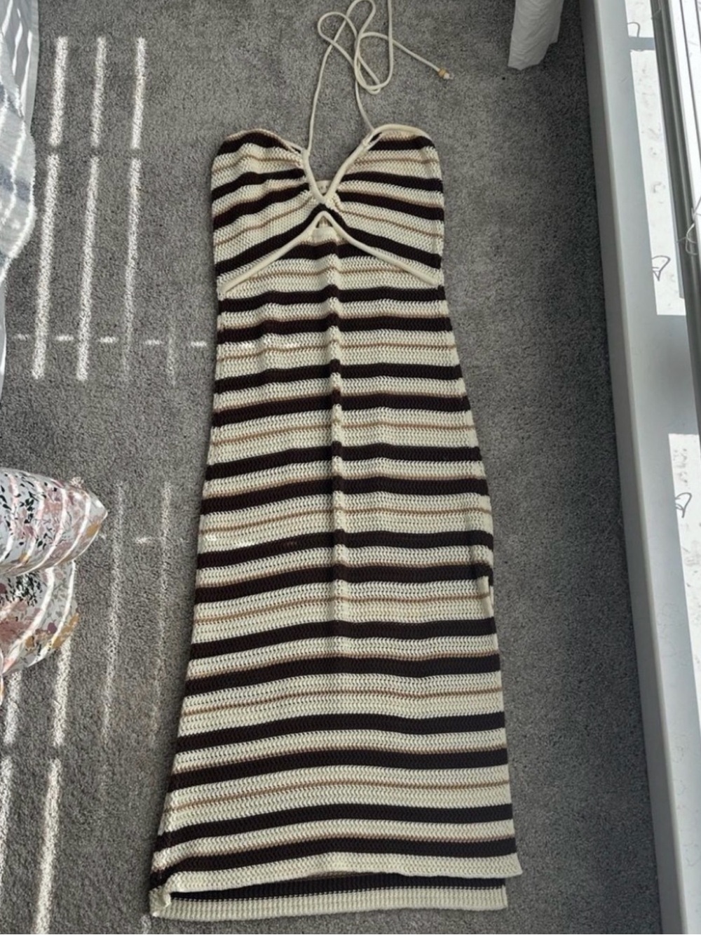 Shoe Fly Brown + Cream Striped Knit Midi Dress